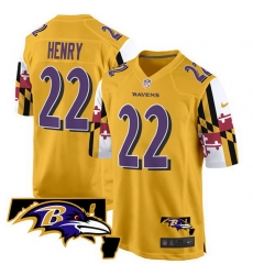 Men Baltimore Ravens 22 Derrick Henry Gold 2025 Maryland Flag Vapor Limited Football Game Jersey