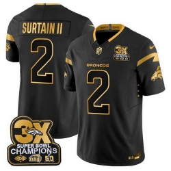 Men Denver Broncos 2 Pat Surtain II Black Gold F U S E  3 Time Champions Patch Vapor Limited Stitched Football Jersey