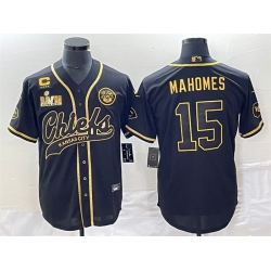 Men Kansas City Chiefs 15 Patrick Mahomes Black Gold With 4 Star C Patch And Super Bowl LVII Patch Cool Bae Stitched Baseball Jersey