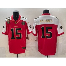 Men Kansas City Chiefs 15 Patrick Mahomes Red Gold With NKH Patch And 4 star C Patch Vapor Limited Stitched Football Jersey