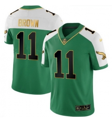 Men Philadelphia Eagles 11 A J Brown Kelly Green Alternate Gold Stitched Football Jersey Men Philadelphia Eagles 11 A J Brown Kelly Green Alternate Gold Stitched Football Jersey