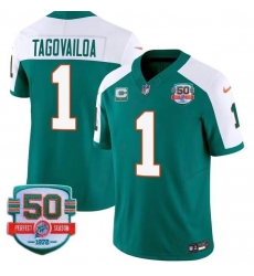 Men Miami Dolphins 1 Tua Tagovailoa Aqua White 2023 F U S E With 1 Star C Patch And 50th Perfect Season Patch Vapor Limited Stitched Football Jersey