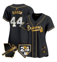 Women Atlanta Braves 44 Hank Aaron Black Gold 2024 Spring Training  26 Georgia Patch Vapor Limited Stitched Baseball Jersey 