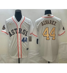 Mens Houston Astros #44 Yordan Alvarez Number 2023 White Gold World Serise Champions Patch Cool Base Stitched Jersey Mens Houston Astros #44 Yordan Alvarez Number 2023 White Gold World Serise Champions Patch Cool Base Stitched Jersey