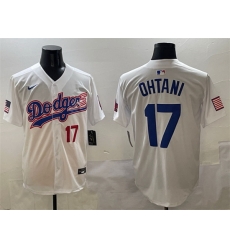 Men Los Angeles Dodgers 17  Shohei Ohtani White With American Flag Patch Limited Stitched Baseball Jersey