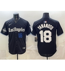 Men Los Angeles Dodgers  18 Yoshinobu Yamamoto Black 2025 World Series Champions Patch  Gothic Edition  Vapor Premier Limited Stitched Baseball Jersey