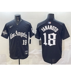 Men Los Angeles Dodgers 18 Yoshinobu Yamamoto Black LA Gothic Style With 2025 World Series Champions Patch Limited Stitched Baseball Jersey Men Los Angeles Dodgers 18 Yoshinobu Yamamoto Black LA Gothic Style With 2025 World Series Champions Patch Limited Stitched Baseball Jersey