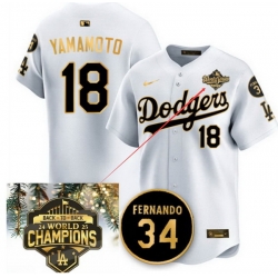 Men Los Angeles Dodgers 18 Yoshinobu Yamamoto White Gold Rbackto back championship Patch With No 34 Patch Limited Stitched Baseball Jersey
