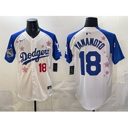Men Los Angeles Dodgers 18 Yoshinobu Yamamoto White Royal 2025 World Series Champions Patch Tokyo Series Limited Stitched Baseball Jersey