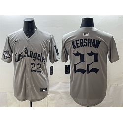 Men Los Angeles Dodgers 22 Clayton Kershaw Grey LA Gothic Style With 2025 World Series Champions Patch Limited Stitched Baseball Jersey