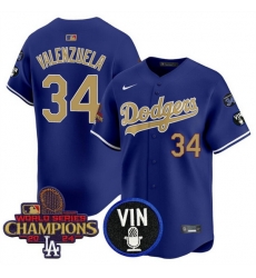 Men Los Angeles Dodgers 34 Fernando Valenzuela Royal Gold 2024 World Series Champions With Vin Scully  26 34 Fernando Patch Vapor Limited Stitched Baseball