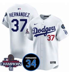 Men Los Angeles Dodgers 37 Teoscar Hernandez White 2024 World Series Champions With Fernando Memorial Patch Vapor Premier Home Limited Stitched Baseball Je