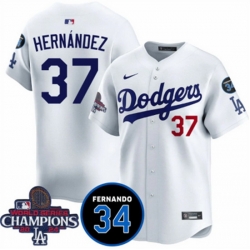 Men Los Angeles Dodgers 37 Teoscar Hernandez White 2024 World Series Champions With Fernando Memorial Patch Vapor Premier Home Limited Stitched Baseball Je
