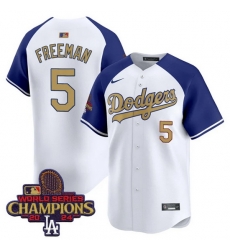 Men Los Angeles Dodgers 5 Freddie Freeman White Royal Gold 2024 World Series Champions Vapor Limited Stitched Baseball Jersey