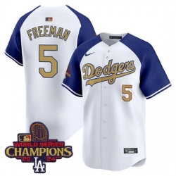 Men Los Angeles Dodgers 5 Freddie Freeman White Royal Gold 2024 World Series Champions Vapor Limited Stitched Baseball Jersey