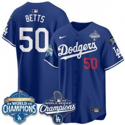 Men Los Angeles Dodgers 50 Mookie Betts Royal 2025 World Series Champions  26 Back to Back Champions With No 34 Patch Limited Stitched Baseball Jersey