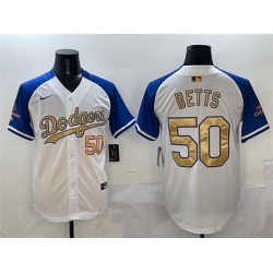 Men Los Angeles Dodgers 50 Mookie Betts White Royal Gold 2024 World Series Champions Vapor Limited Stitched Baseball Jersey 806