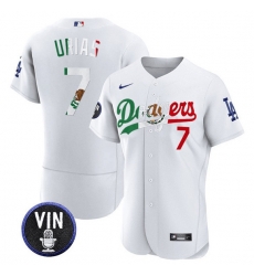 Men Los Angeles Dodgers 7 Julio Urias White Mexico Special Vin Scully Patch Flex Base Stitched Baseball Jersey