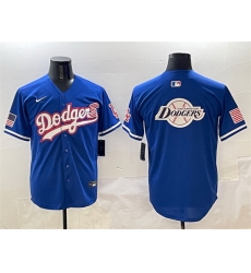 Men Los Angeles Dodgers Team Big Logo Royal With American Flag Patch Limited Stitched Baseball Jersey 2