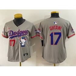 Women Los Angeles Dodgers  17 Shohei Ohtani Grey Hello Kitty Night 2025 World Series Champions Patch Stitched Baseball Jersey
