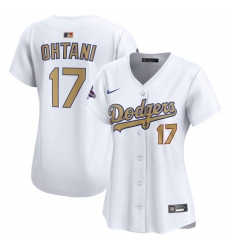 Women Los Angeles Dodgers 17 Shohei Ohtani White 2025 Gold Collection Limited Stitched Baseball Jersey Women Los Angeles Dodgers 17 Shohei Ohtani White 2025 Gold Collection Limited Stitched Baseball Jersey