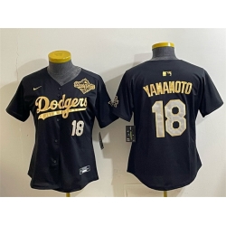 Women Los Angeles Dodgers 18 Yoshinobu Yamamoto Black Gold 2025 World Series Patch Limited Stitched Baseball Jersey 