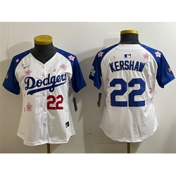 Women Los Angeles Dodgers 22 Clayton Kershaw White Royal 2025 Tokyo Series Limited Stitched Baseball Jersey