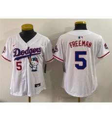 Women Los Angeles Dodgers  5 Freddie Freeman White Hello Kitty Night 2025 World Series Champions Patch Stitched Baseball Jersey