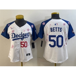 Women Los Angeles Dodgers 50 Mookie Betts White Royal 2025 Tokyo Series Limited Stitched Baseball Jersey