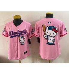 Women Los Angeles Dodgers Team Big Logo Pink Hello Kitty Night 2025 World Series Champions Patch Stitched Baseball Jersey
