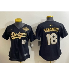 Youth Los Angeles Dodgers 18 Yoshinobu Yamamoto Black Gold 2025 World Series Patch Limited Stitched Baseball Jersey