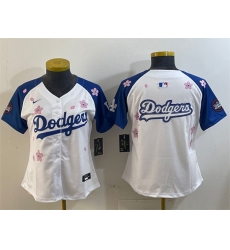 Youth Los Angeles Dodgers Team Big Logo White Royal 2025 Tokyo Series Limited Stitched Baseball Jersey 001