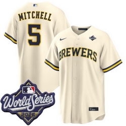 Men Milwaukee Brewers 5 Garrett Mitchell Cream 2026 World Series Stitched Baseball Jersey