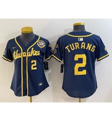 Women Milwaukee Brewers  2 Brice Turang Navy With Home   Bob Uecker Patch Limited Stitched Jersey