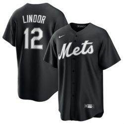 Men New York Mets 12 Francisco Lindor Black Lights Out Limited Stitched Baseball Jersey