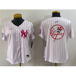Women New York Yankees Team Big Logo White Pink Pinstripe Limited Stitched Baseball Jersey 002