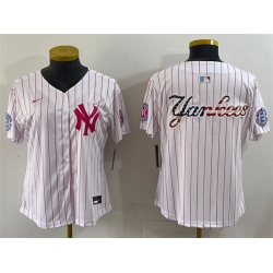 Women New York Yankees Team Big Logo White Pink Pinstripe Limited Stitched Baseball Jersey 005