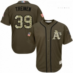 Mens Majestic Oakland Athletics 39 Blake Treinen Authentic Green Salute to Service MLB Jersey 