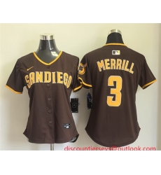 Women San Diego Padres 3 Jackson Merrill Brown Away Stitched Baseball Jersey
