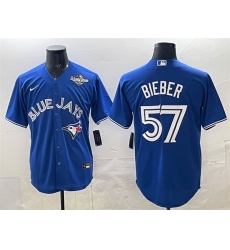 Men Toronto Blue Jays 57 Shane Bieber Royal 2025 World Series Cool Base Stitched Baseball Jersey Men Toronto Blue Jays 57 Shane Bieber Royal 2025 World Series Cool Base Stitched Baseball Jersey