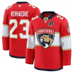 Men Florida Panthers 23 Carter Verhaeghe Red 2025 Stanley Cup Final Patch Stitched Hockey Jersey