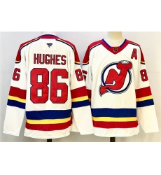 Men New Jersey Devils 86 Jack Hughes White Red 2024 25 With A Patch Stitched Hockey Jersey