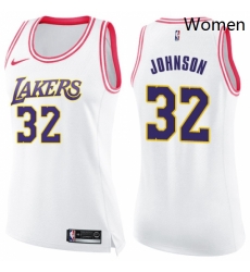 Womens Nike Los Angeles Lakers 32 Magic Johnson Swingman WhitePink Fashion NBA Jersey Womens Nike Los Angeles Lakers 32 Magic Johnson Swingman WhitePink Fashion NBA Jersey