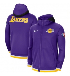 Men Los Angeles Lakers Nike 75th Anniversary Performance Showtime Full Zip Hoodie Jacket Purple Men Los Angeles Lakers Nike 75th Anniversary Performance Showtime Full Zip Hoodie Jacket Purple
