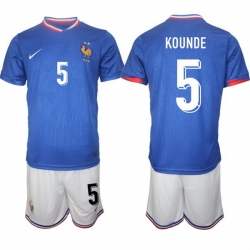 Men France 5 Jules Kound E9 Blue 2024 25 Home Soccer Jersey Suit