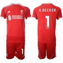 Men Liverpool 1 Alisson Becker 2025 Red Home Soccer Jersey Suit