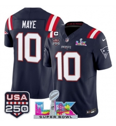 Men New England Patriots 10 Drake Maye Navy 2025 F U S E  1 Star C Patch And Super Bowl LX Patch  USA 250 Patch Vapor Limited Football Stitched Jersey