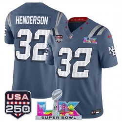 Men New England Patriots 32 TreVeyon Henderson Storm Blue 2025 F U S E  Super Bowl LX  USA 250 Patch  Rivalries Vapor Limited Football Stitched Jersey