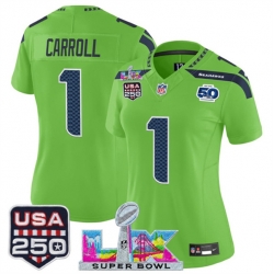 Women Seattle Seahawks 1 Pete Carroll Green 2025 F U S E  Super Bowl LX Patch And 50th Season  26 USA 250 27 Patch Vapor Limited Football Stitched Jersey 
