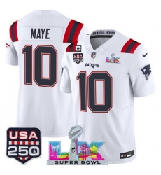 Youth New England Patriots 10 Drake Maye White 2025 F U S E  1 Star C Patch And Super Bowl LX Patch  USA 250 Patch Vapor Limited Stitched Football Jersey